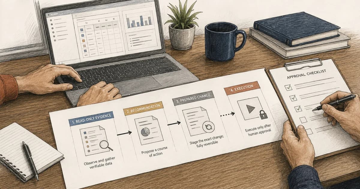 Two reviewers examining a four-stage AI authority workflow that keeps execution behind a human approval checkpoint.
