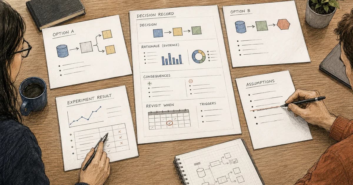 Two reviewers comparing architecture options, assumptions, experiment results, consequences, and a decision record on a worktable.