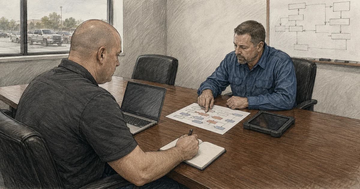 Jason Cochran and an operations stakeholder reviewing a field workflow on a laptop and notebook in an ordinary office.