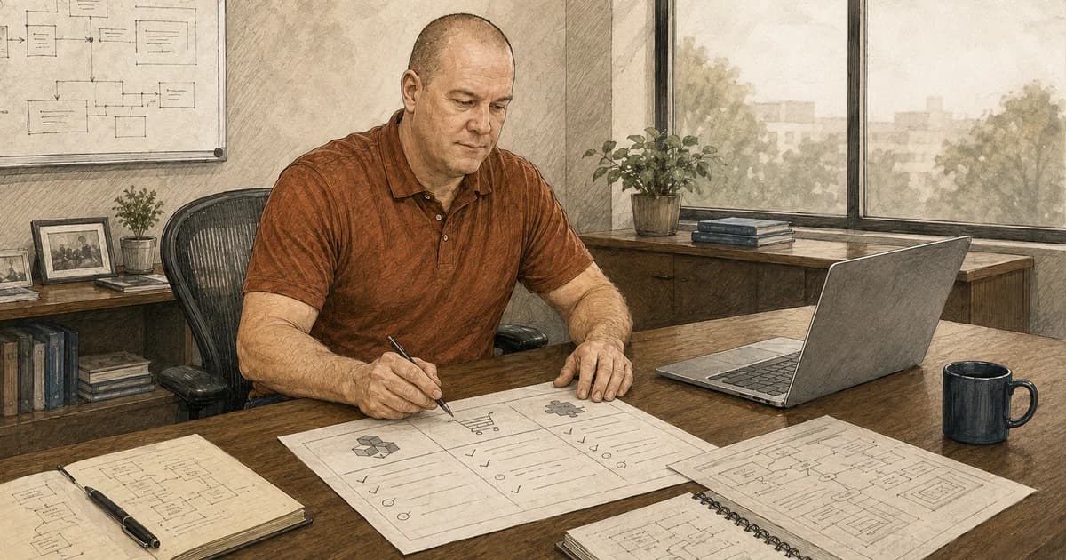 Jason Cochran comparing build, buy, and integration options using an architecture diagram and decision worksheet at his desk.