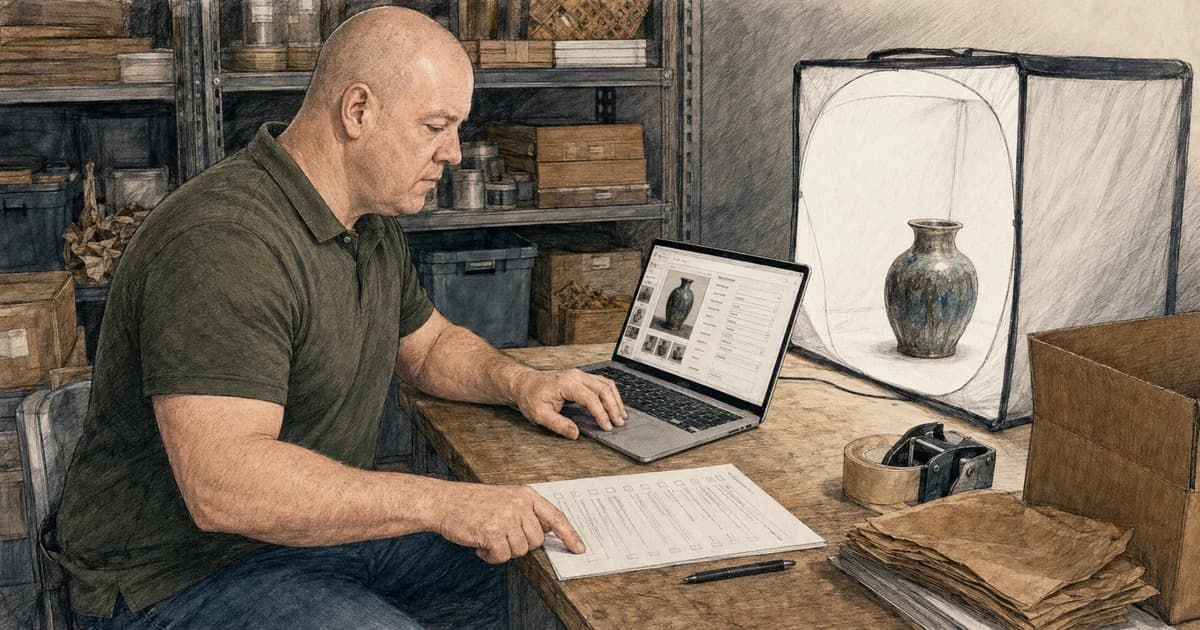 A realistic pencil illustration of a reseller reviewing product photos and structured listing fields in a desktop application before publishing.
