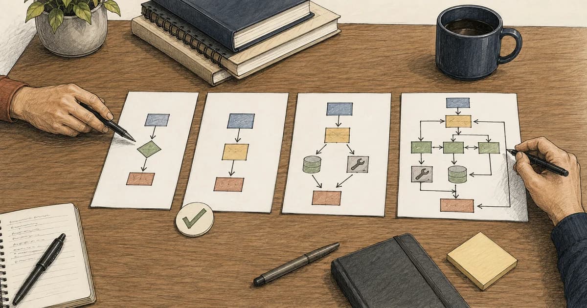 Four architecture sketches compare increasingly complex software and AI patterns while reviewers select the simplest suitable design.