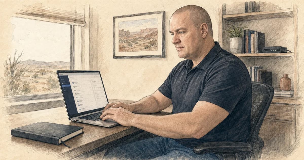 A grounded pencil illustration of a software engineer comparing a complex oilfield platform plan with a focused private AI server service.