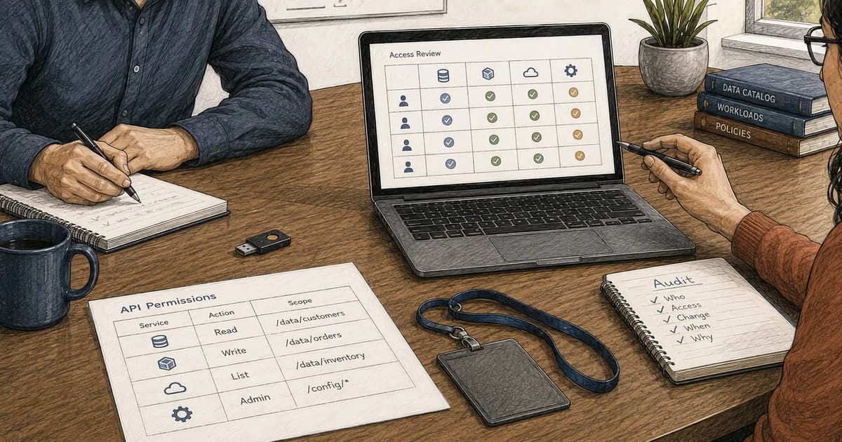 Two security reviewers examine an access matrix, API permissions, a hardware security key, an identity badge, and audit notes.