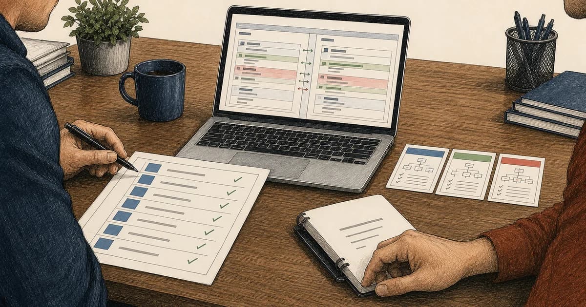 Two engineers review a configuration change, deployment checklist, runbook, and staged environment cards at a desk.