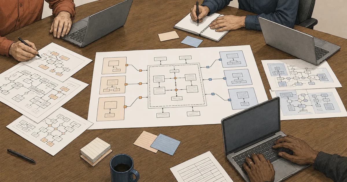 Three colleagues work around a table covered with separate system diagrams and a shared governed integration map.