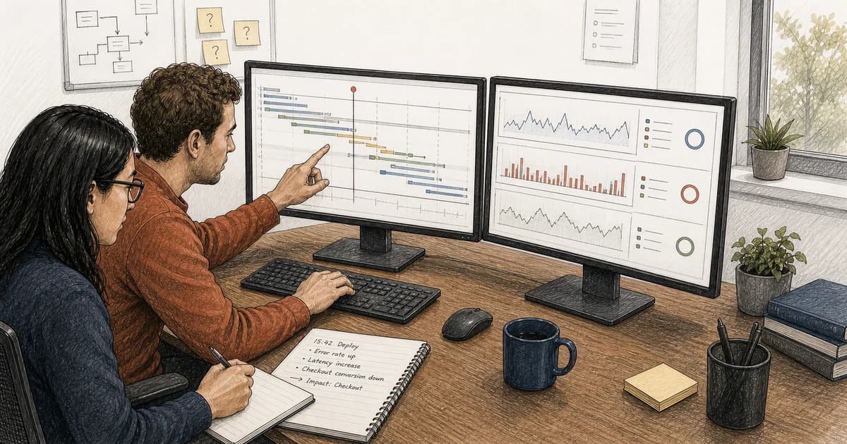Two engineers correlate a deployment timeline with service, error, and business-outcome charts during an incident review.
