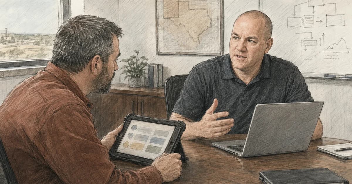 Jason Cochran and a field supervisor review mobile synchronization states on a rugged tablet in an operations office.