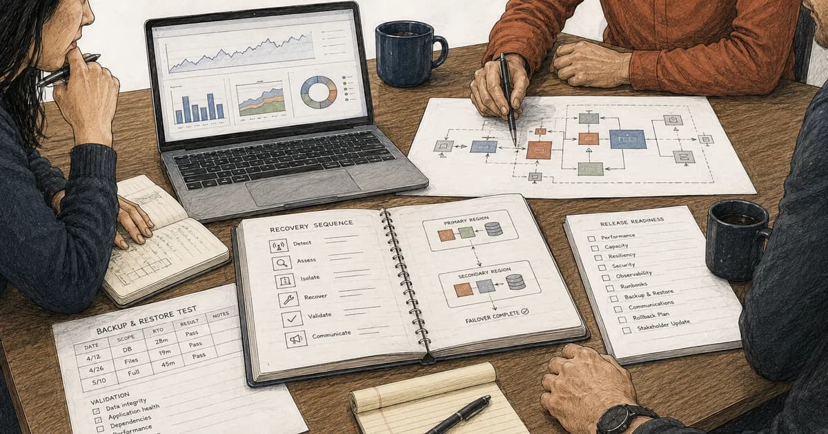 A team reviews architecture, service health, recovery steps, backup tests, and a release-readiness checklist around a table.