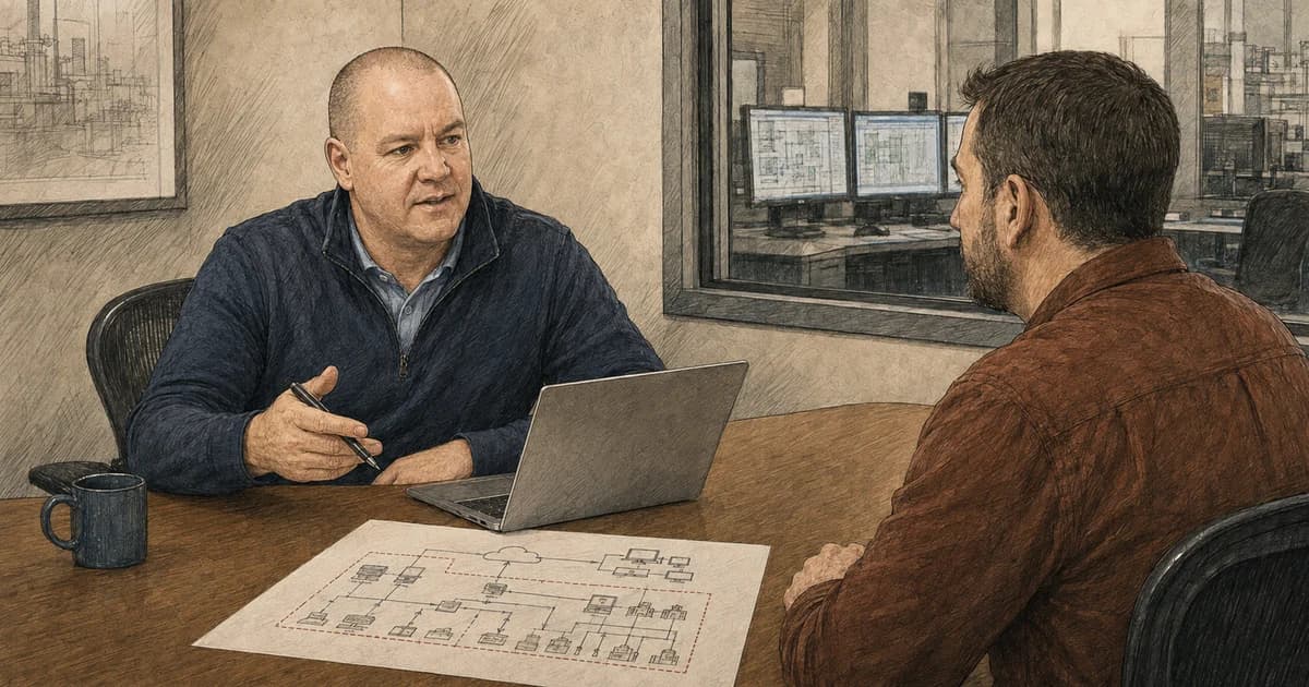 Jason Cochran and a controls engineer review an OT-to-cloud trust-boundary diagram beside a separate control room.