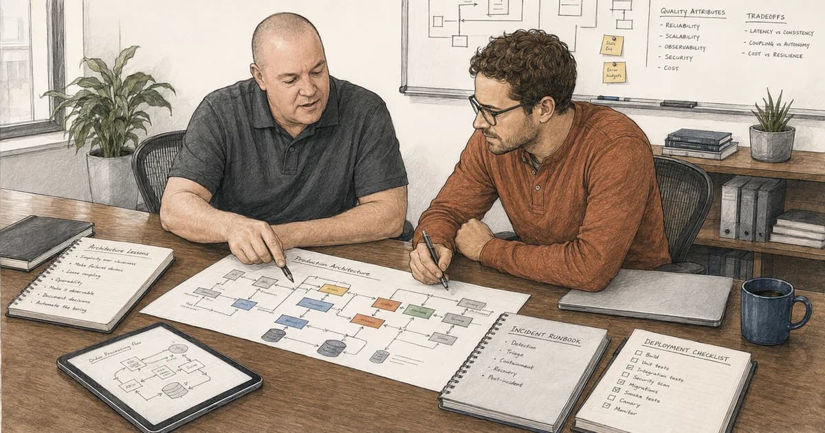 Jason Cochran reviewing a production architecture with another engineer using a system diagram, runbook, deployment checklist, and mobile workflow.