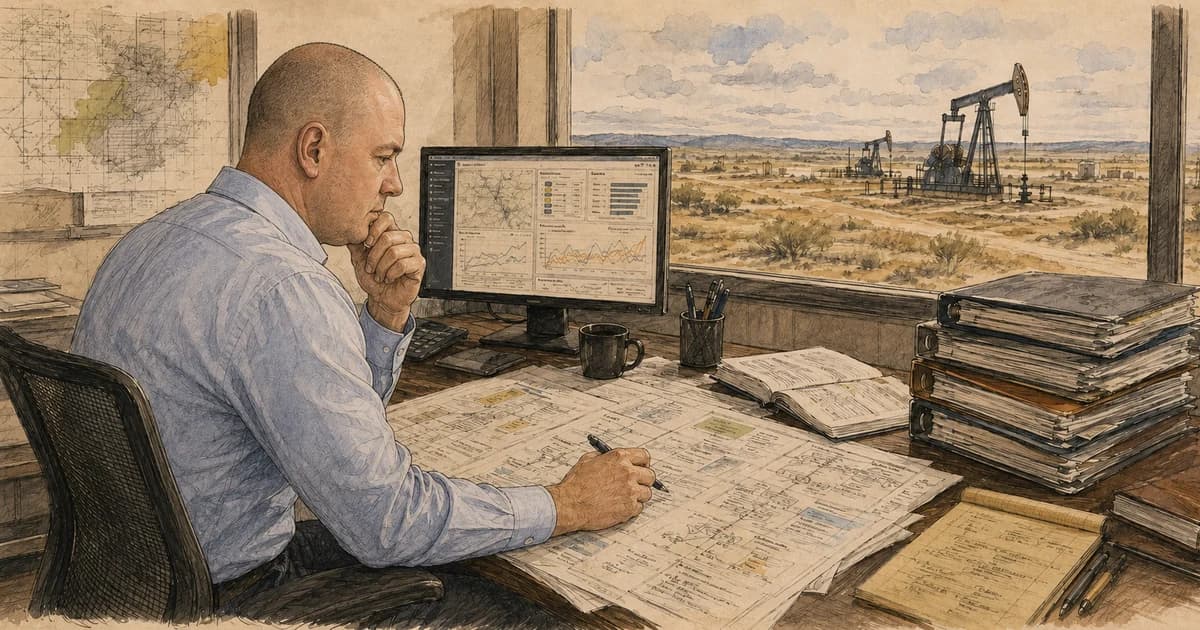 A realistic software engineering workspace showing an oilfield operations dashboard, service architecture notes, and SCADA telemetry under review.