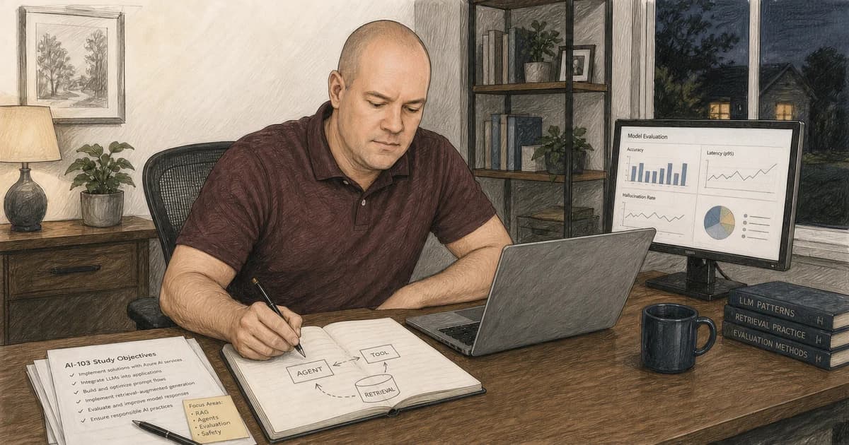 Jason Cochran studies agent, tool, retrieval, and model-evaluation concepts at a laptop in his home office.