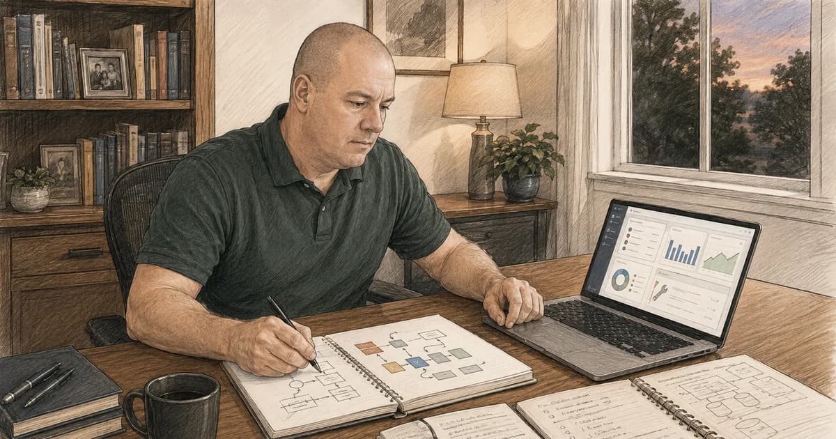 Jason Cochran sketches an early WellOS workflow beside an operations dashboard in his home office.