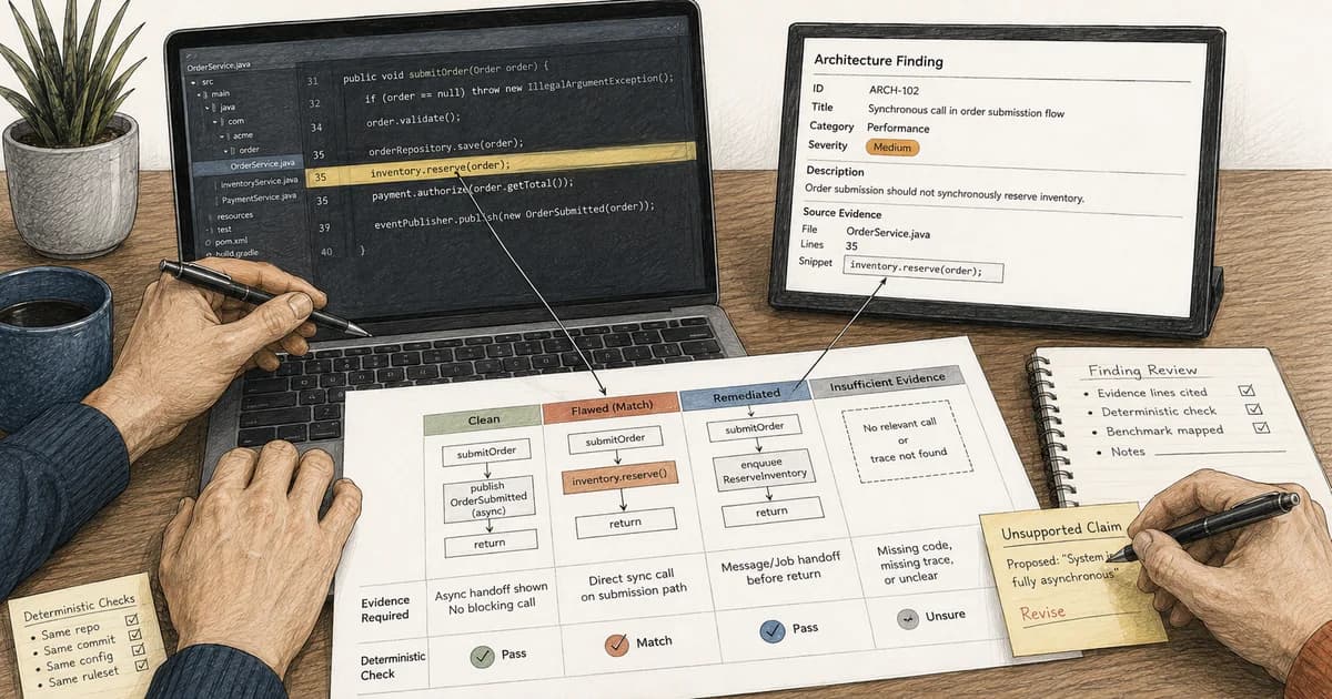 Reviewers compare cited source code with an architecture finding and clean, flawed, remediated, and insufficient-evidence benchmark cases.