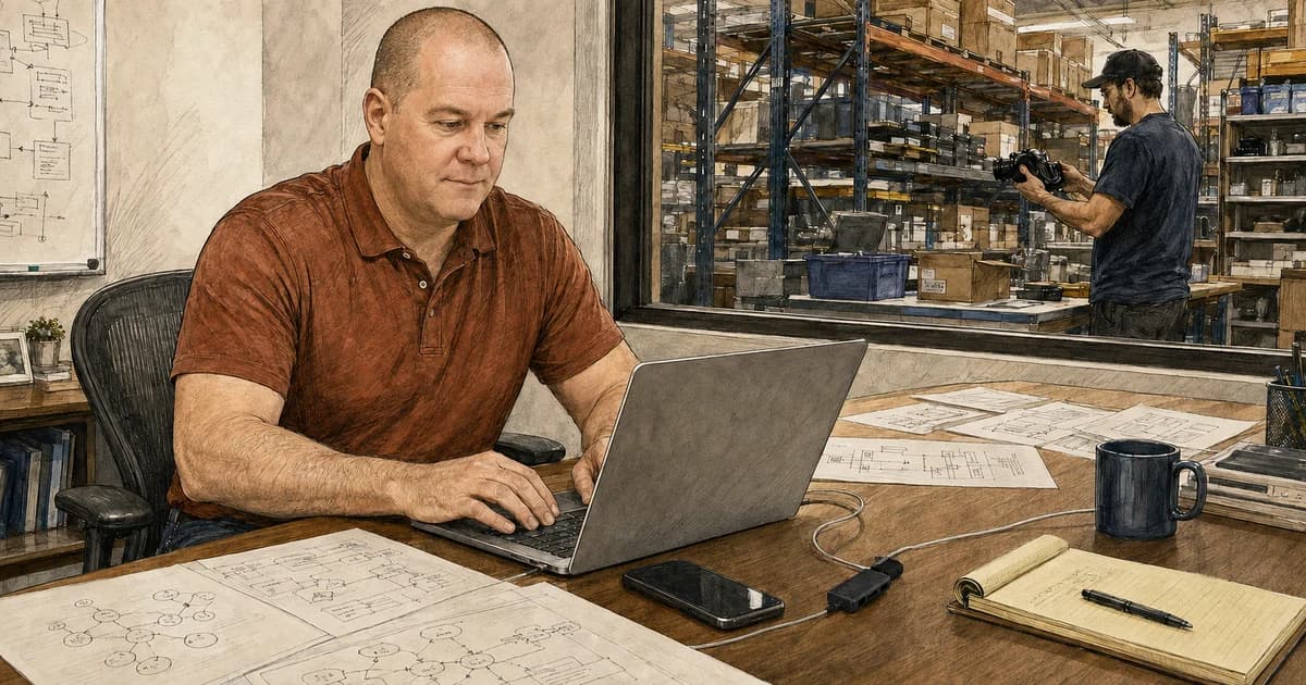 A grounded pencil illustration of a resale operation moving from phone photography through inventory shelves to a desktop publishing workflow.