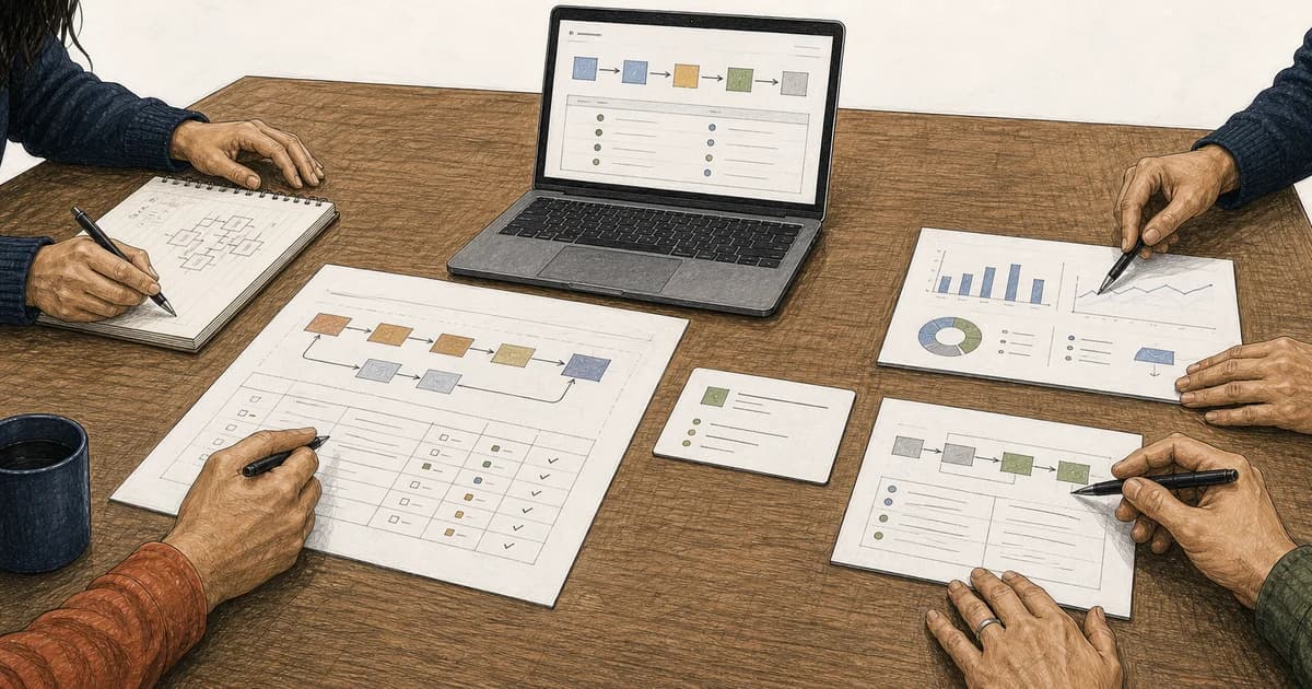 A team reviews data contracts, pipeline checks, quality results, and downstream consumers around a shared worktable.