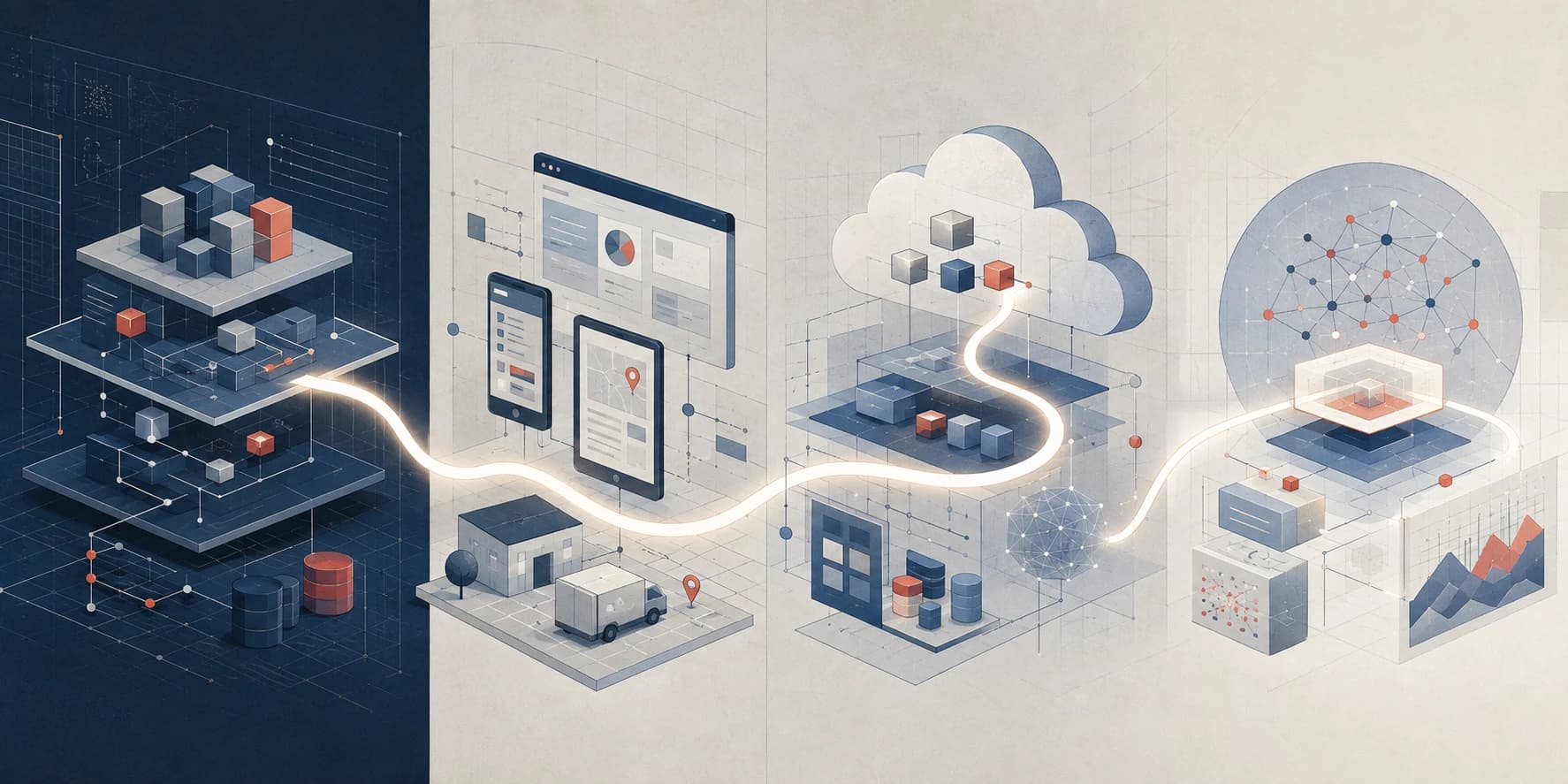 A continuous illuminated system path connecting enterprise software, mobile field workflows, cloud infrastructure, and an applied AI network.
